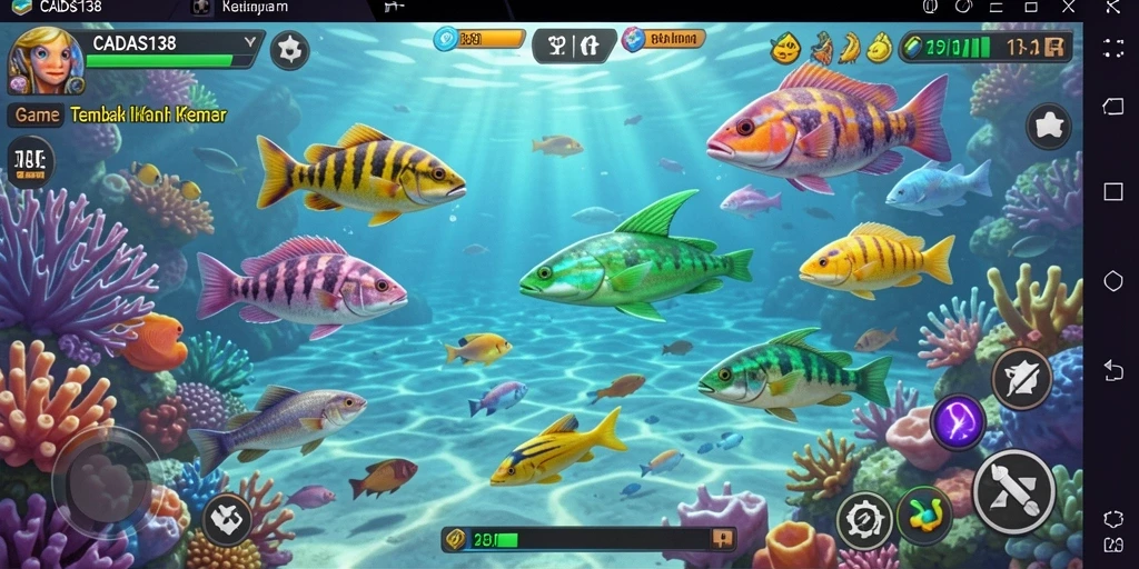 Tangkapan layar dari gameplay seru CADAS138 dengan ikan berwarna-warni.