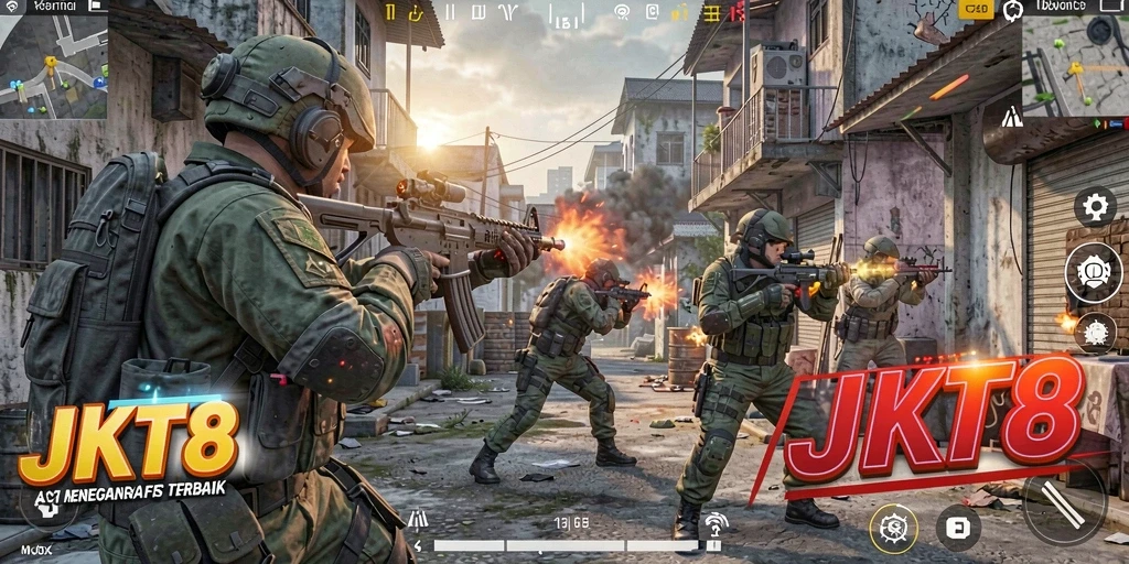 Tampilan gameplay mendebarkan dalam JKT8 dengan aksi tembak-menembak yang intens.