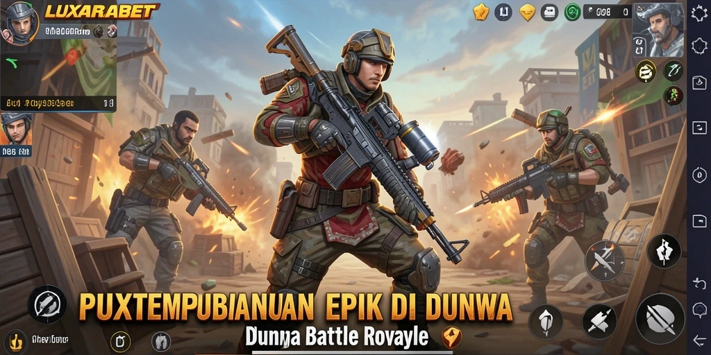 Screenshot gameplay LUXARABET menampilkan aksi pertempuran yang seru di medan Battle Royale.