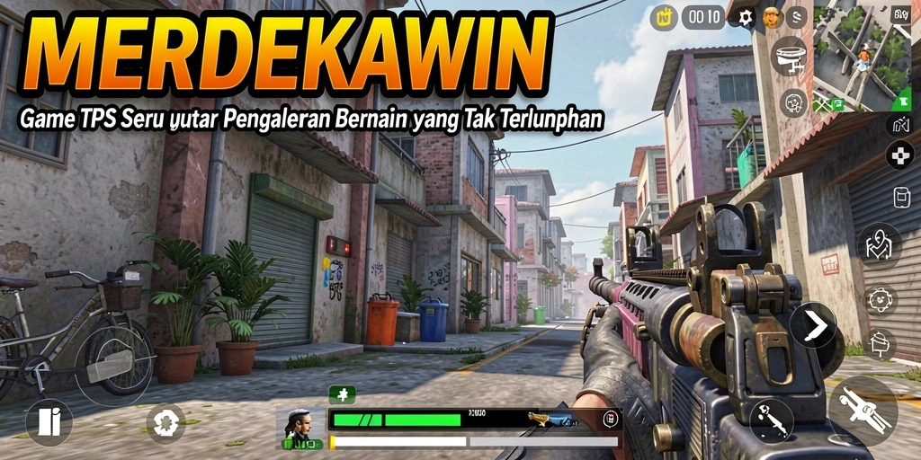 Tampilan screenshot utama MERDEKAWIN yang menggambarkan aksi seru gameplay TPS.