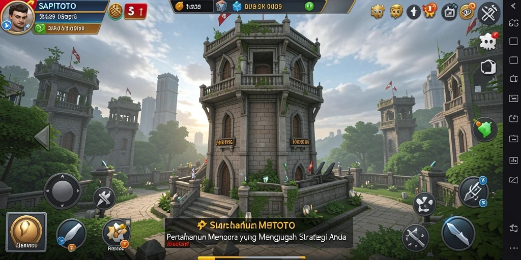 Tampilan pertarungan seru dalam SAPITOTO dengan menara pertahanan yang strategis.